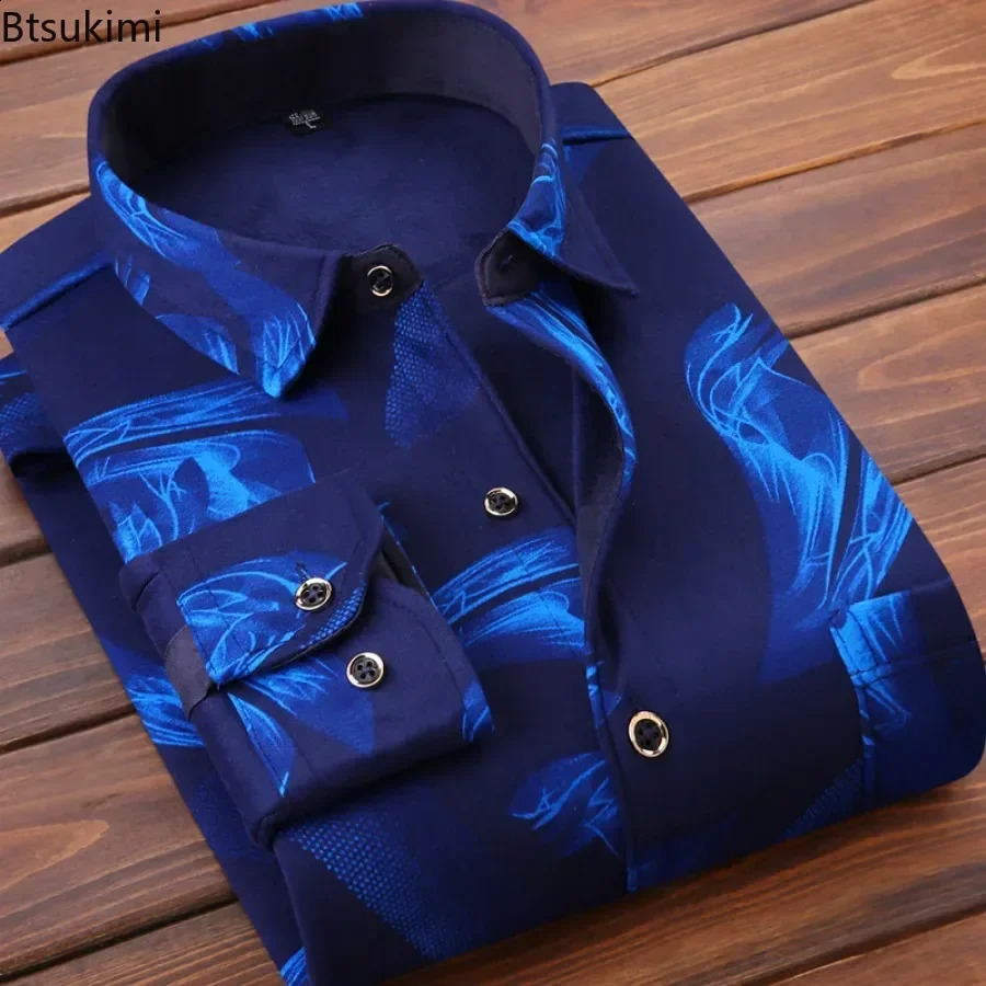 Autumn Winter Mens Clothing Fashion Retro Casual Business Long Sleeve Lapel Shirts Fleece Thicked Warm Man Print Shirt Tops 240822