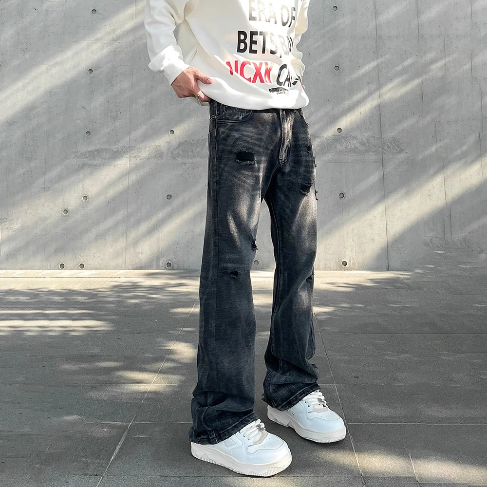 Streetwear Ripped Jeans Men Autumn Black Flared Trousers Casual Y2k Vaqueros Pantalones Hombre Winter Street Hole Denim Pants 240821