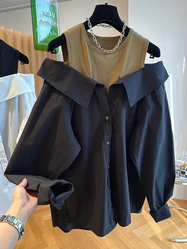 Off the Shoulder Blouse Slim and Loose Tank Top Spliced Long Sleeve Shirts Autumn Round Neck Fashion Shirt 240821