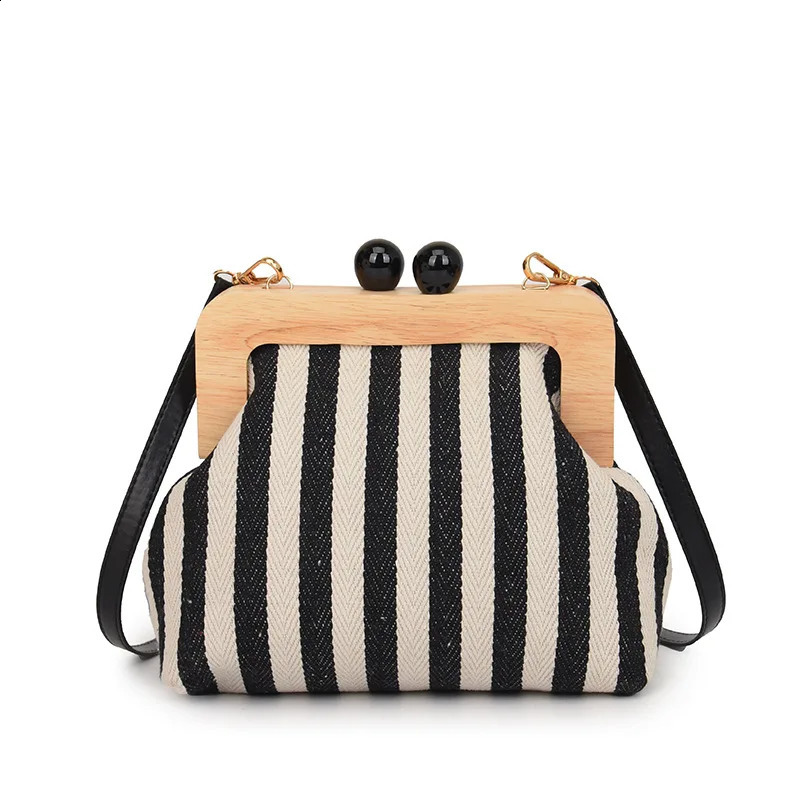 Fashion Striped Wooden Clip Shell Women Shoulder Bags Elegant Crossbody Clutch Purses for Party 2024 240821