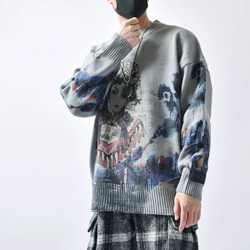 Hip Hop Sweater Mens Autumn Couple Knitted Jumper Anime Beijing Opera House Printing Retro Pulleys Harajuku Grey 240821