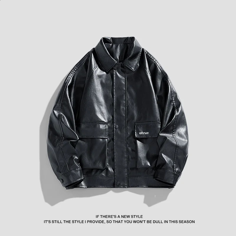 Spring Autumn Leather Men Loose Large Size American Retro Plankton Handsome Motorcycle Leather Jacket with Lapel Coat 240822