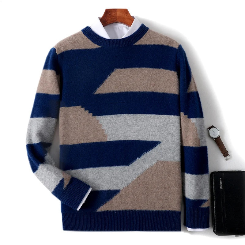 Autumn Winter Thick Cashmere Sweater Mens Round Neck Knitted Pullover 100% Merino Wool Contrasting Striped Mens Clothing 240821