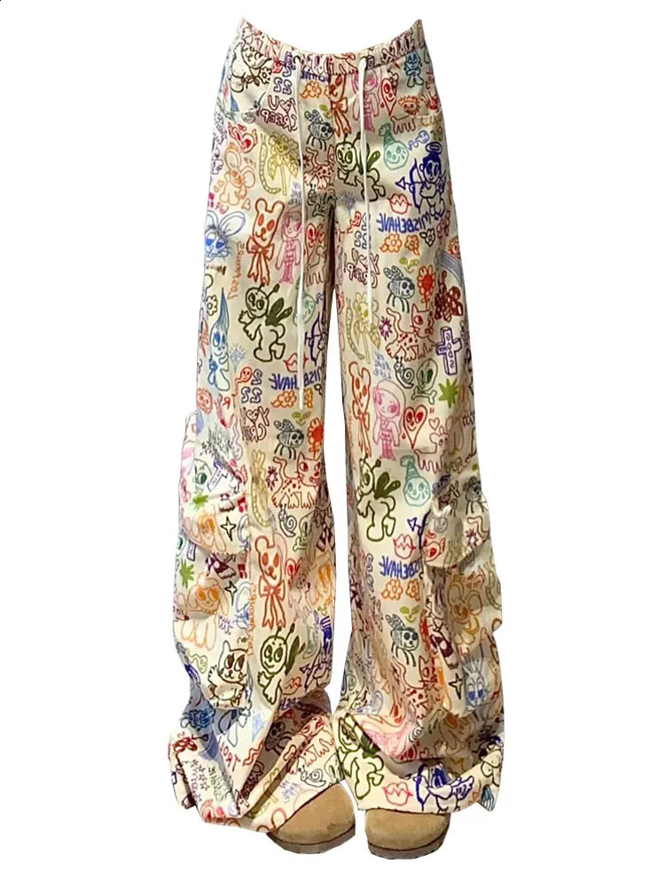 Womens Graphic Print Cargo Pants Y2k 2000s Streetwear Vintage Loose High Waist Trousers Harajuku Wide Pants Aesthetic Clothes 240821