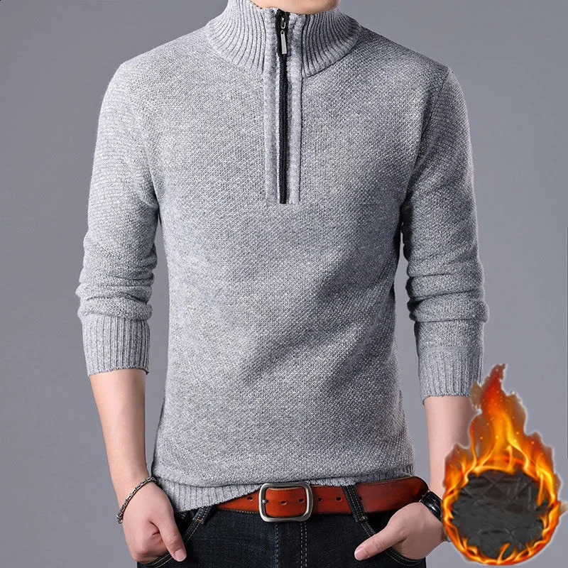 Fashionable mens wool thick autumn and winter sweater zipper plain collar long sleeved casual bottom thin knitted pulled 240821