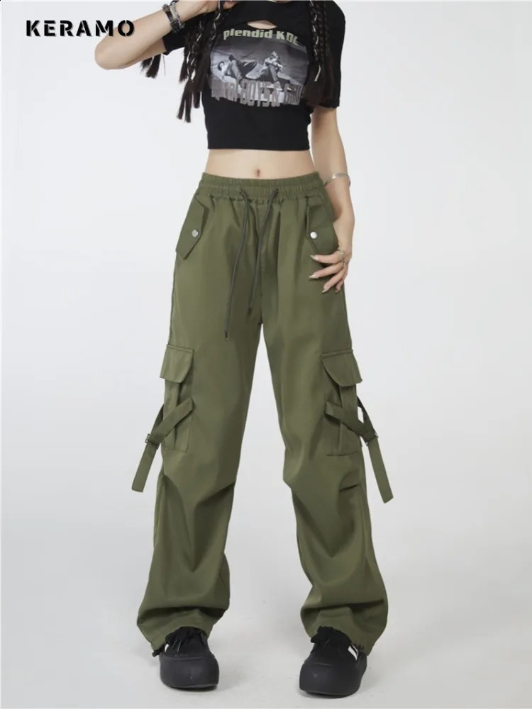 Womens High Street Casual Overalls Solid Green Loose Wide Leg Pants American Retro Elastic Waist Y2k Drawstring Cargo Pants 240821