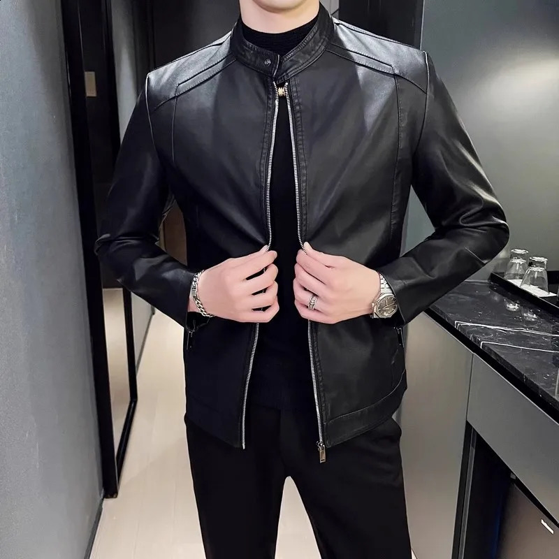 Men Leather Jacket Classic Slim Fit Motorcycle PU Leather Jacket Solid Color Standing Collar Men Large Black Leather Jacket 240822