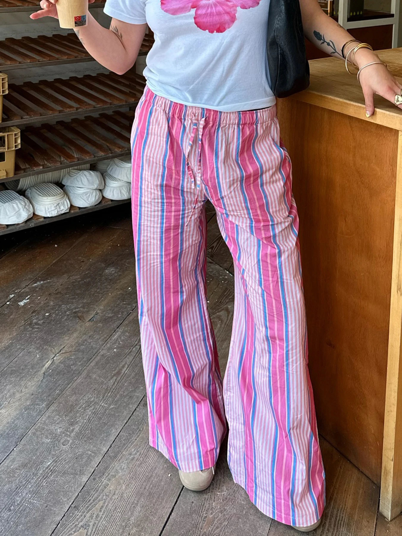 Pink Stripe Woven Straight Pants Women Drawstring Elastic Waist Casual Y2K Trousers 240821