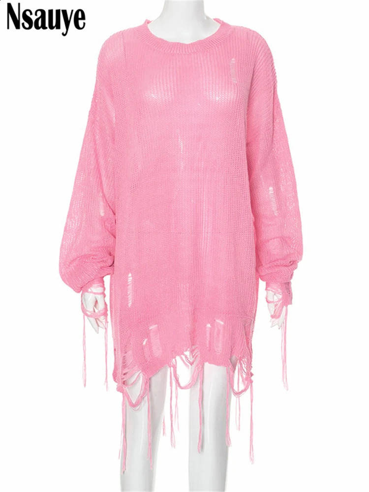 Nsauye casual womens fashion Y2K long sleeved oversized knitted hollow jacket floral sexy club sweater top winter 240821