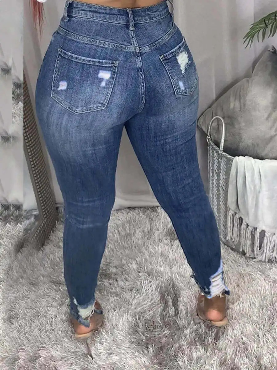 LW Plus Size High-waisted Ripped Jeans Zipper Fly L-5XL Strt Solid Color Holes Stretchy Sheath Skiny Women Pants Z260313