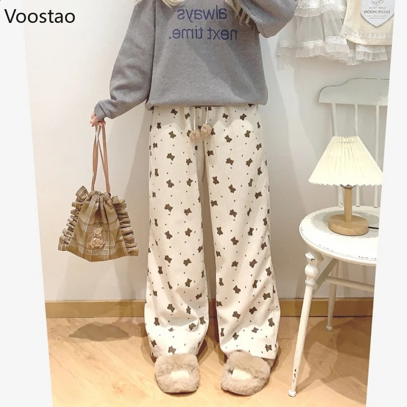 Japanese Sweet Cartoon Bear Print Corduroy Wide Leg Casual Pants Women Vintage Y2k Cute Loose Trouser Korean Harajuku Sweatpants 240821