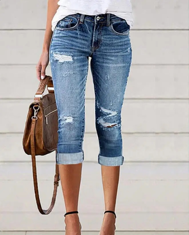 Capris Pants for Women Fashion Elegant Ripped Low Waist Capris Denim Skinny Pants Female Clothing Casual Bottom Jeans 240821