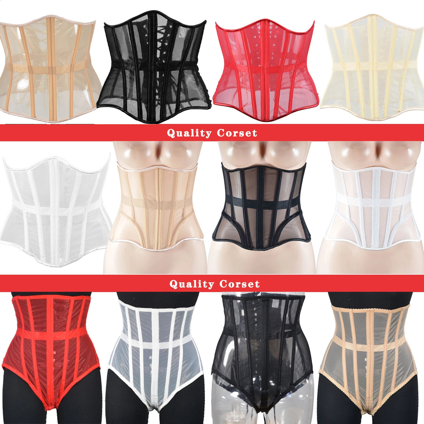 Women Mesh Abdomen Corset Tight Tops With Bones Push Up Body Gather Breast Bustier Shaping Transparent Bodices Outwear For Dress 240822