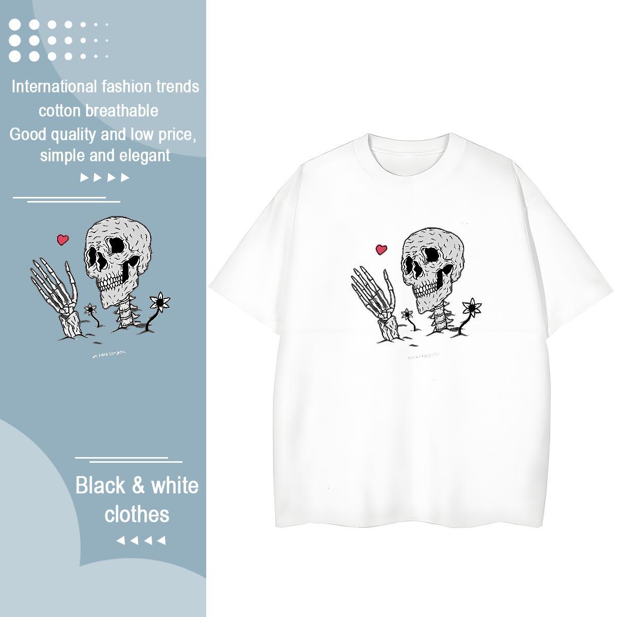TOP Quality T-Shirts for Women 230g Pure Cotton O-Neck Short Sleeve Daily Outfit skull Couples T Shirts Wholesale Black White Clothes Shirt