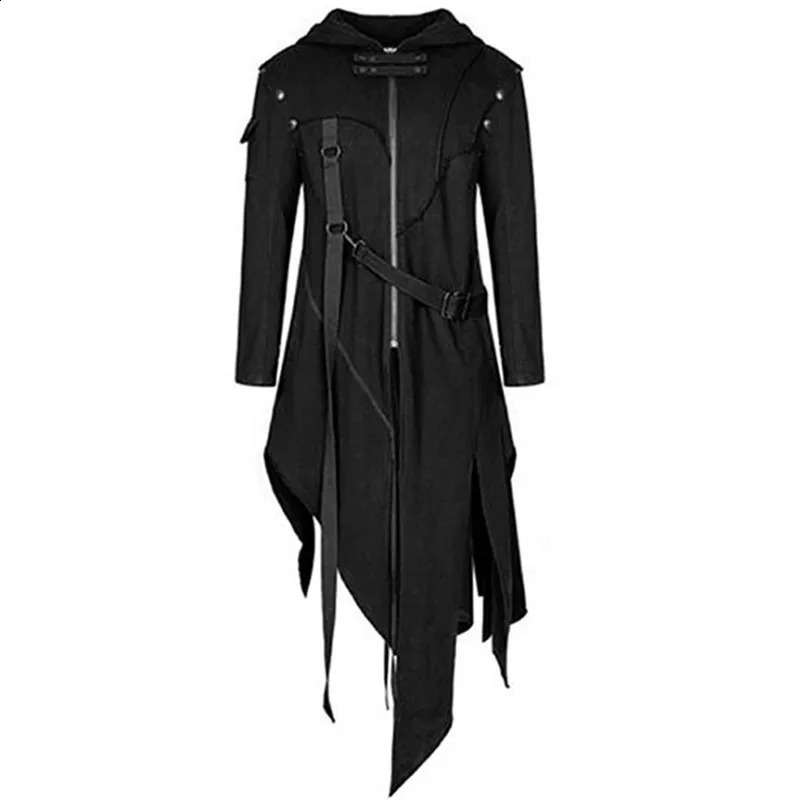 Vintage Halloween Medieval Steampunk Assassin Elves Pirate Costume Adult Men Black Long Split Jacket Gothic Armor Thin Coats 421 240822