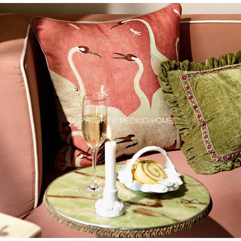 Medicci Home GG Style Inspired Dancing Crane Decorative Cushion Cover High Grade French Retro Pillow Case 45x45cm For Sofa Couch 240821
