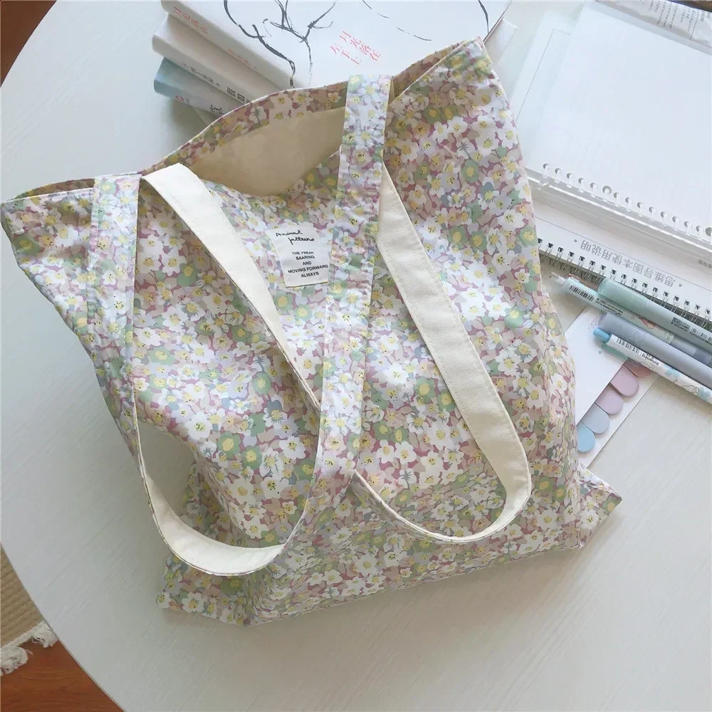 Cotton Floral Womens Bag Large Canvas Shopping Shoulder Bag for Grocery Reusable Foldable Female Students Books Tote Handbags 240821