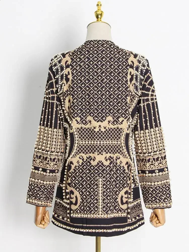 Krismile Women French Vintage Suit Jacket Pearl Printed Long-Sleeved V-Neck Woman Coat Blazer Outerwear Autumn Jackets 240821