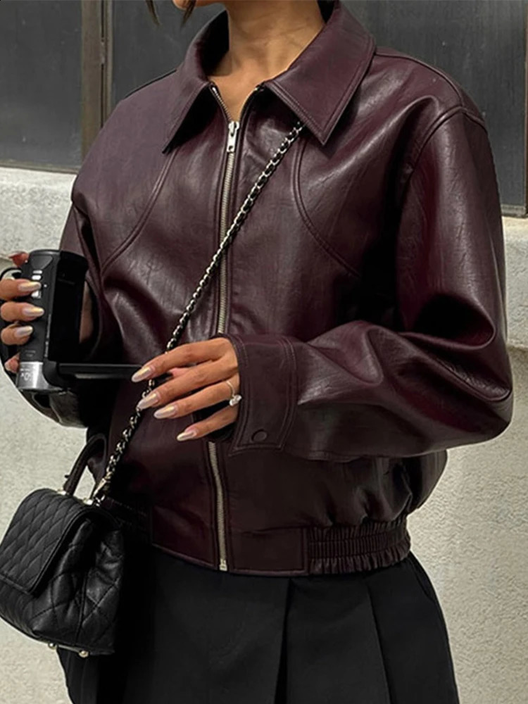Vintage Wine Red PU Leather Jacket for Women Casual Long Sleeve Turn Down Collar Coat Autumn Long Sleeve Zipper Jackets 240821