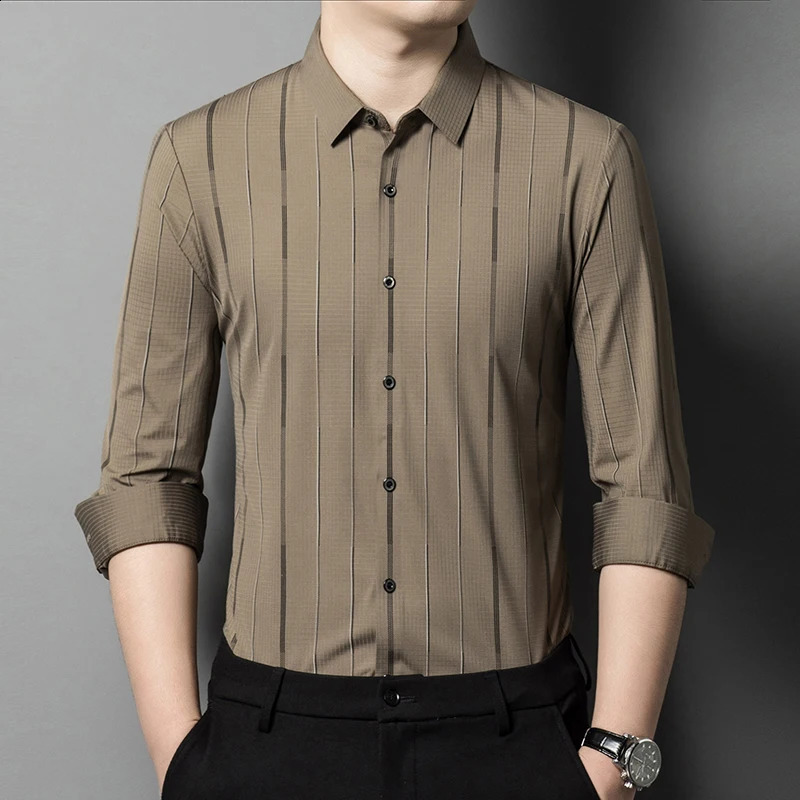 Spring Mens Seamless Vertical Striped Shirt Square Neck Loose Fitting Business Casual Long Sleeved Shirt M-4XL 240822
