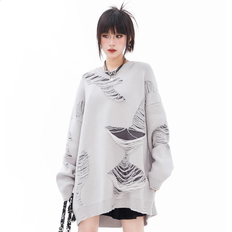 Vintage Sweater Grunge Ripped Hole Knitted Solid Plain Jumpers Streetwear Hip Hop Harajuku Men Punk Gothic Long Sleeve Sweaters 240821