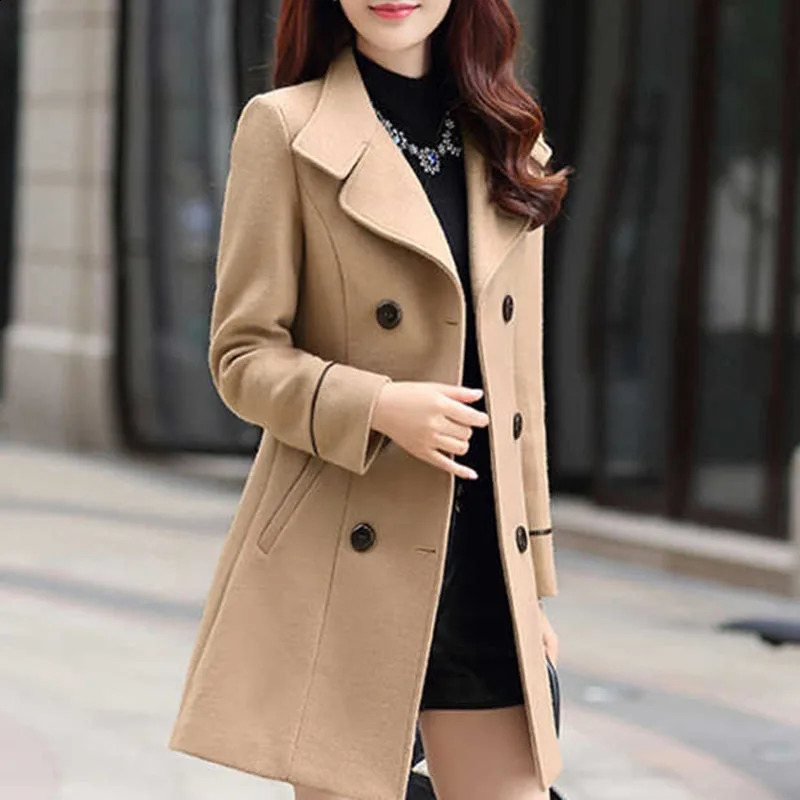Autumn Winter Plus Size Jacket Womens Double Breasted Solid Color Coat Korean Slim Female Woolen Jacket Womens 240822