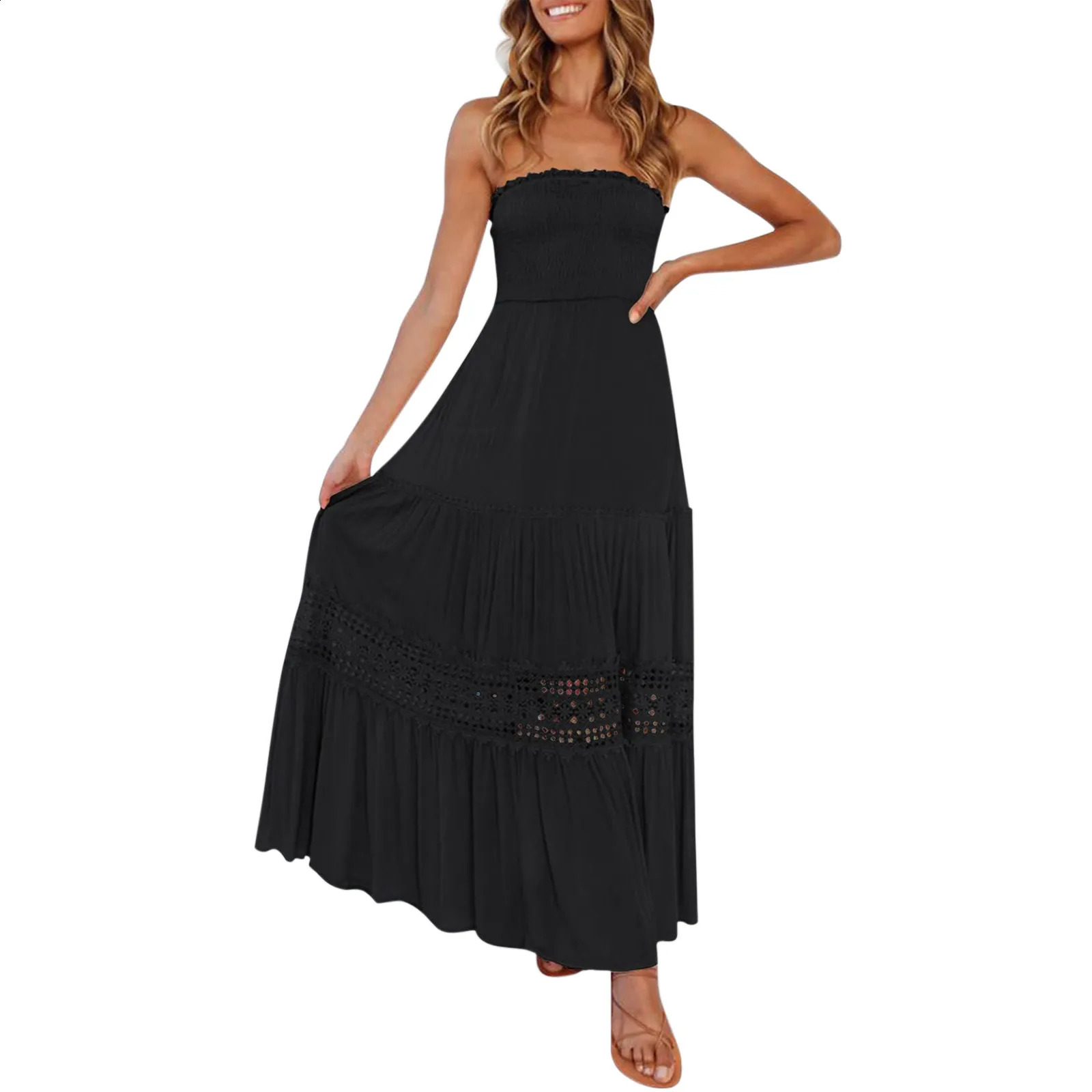Womens Boho Wrap Dresses Ladies Summer Bohemian Strapless Off Shoulder Lace Trim Backless Flowy A Line Beach Long Maxi Dress 240822