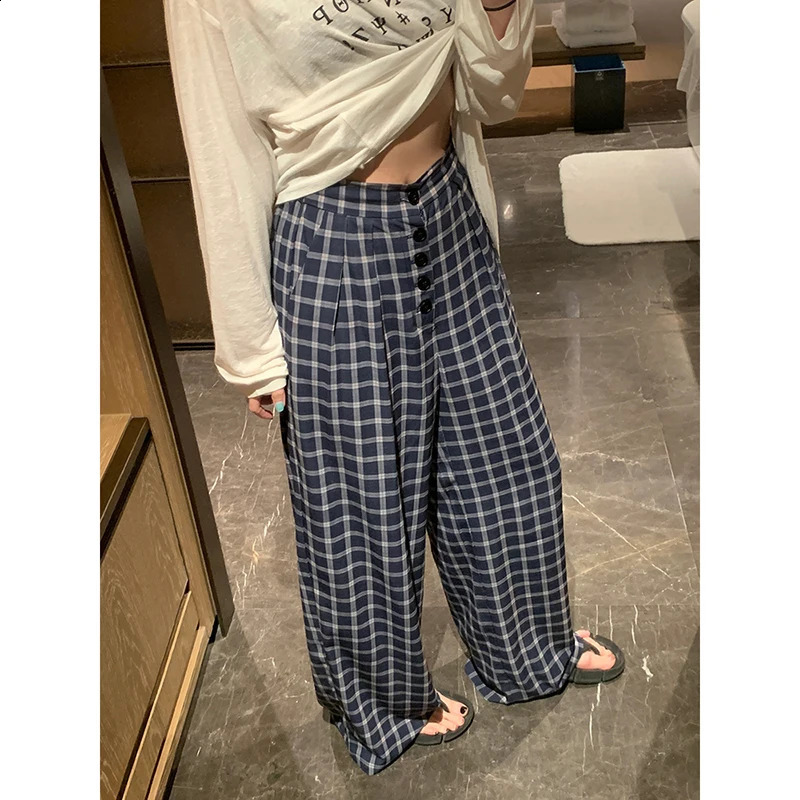 Plaid Blue Straight Long Pant Woman High Waist Buttons Pockets Loose Trousers Autumn Casual Harajuku Streetwear Baggy Pants Y2k 240821