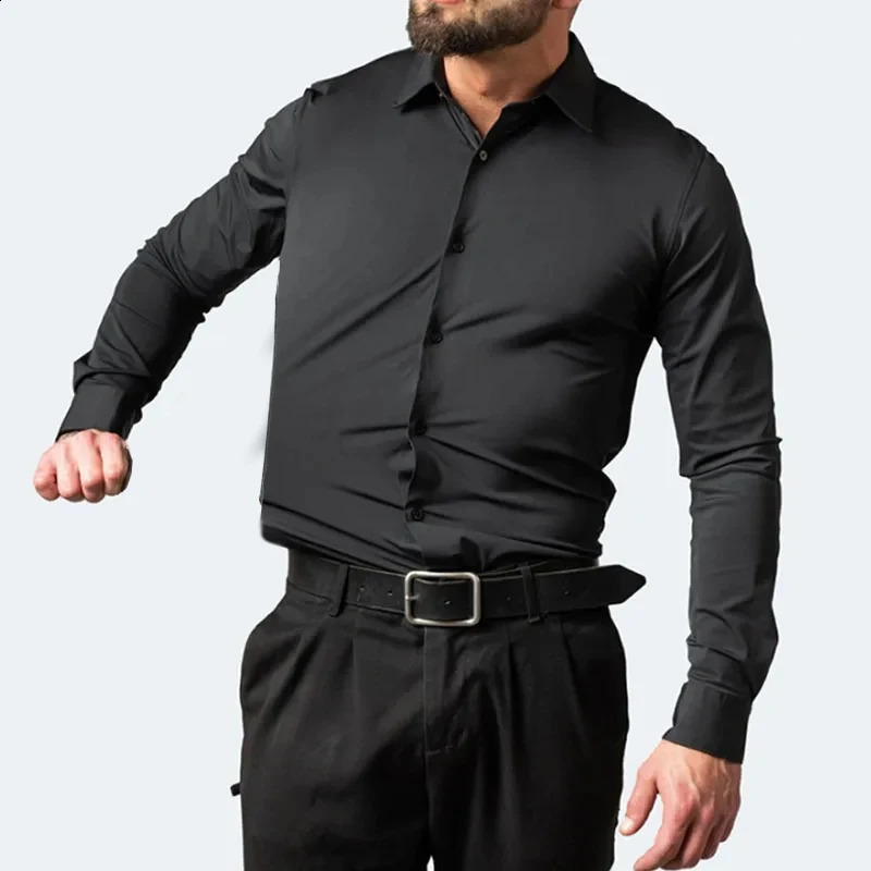Slight Elasticity Mens Long-sleeved Business Casual Shirt Solid Color Slim Non Iron Dress Shirts Plus size 240822
