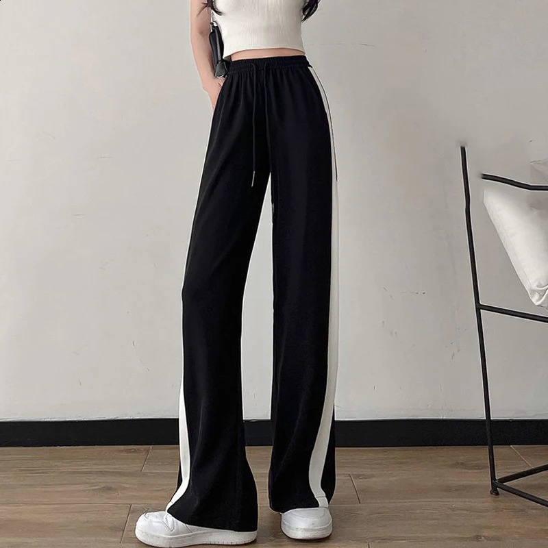 Side Stripe Sweatpants Y2k Women Summer Korean Style High Waist Streetwear Harajuku Straight Wide Leg Pants Casual Trousers 240821