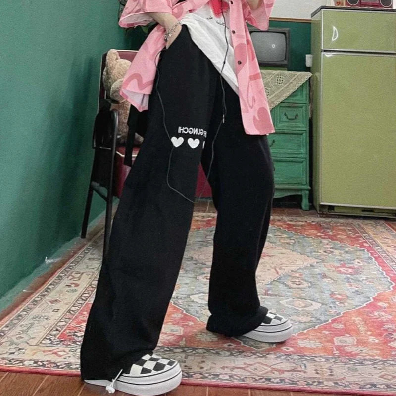 Womens Harajuku Heart Graphic Cute Loose Pants Japanese Kawaii Fairycore Casual Sweatpants Y2k Aesthetic Korean Fashion Cloth 240821