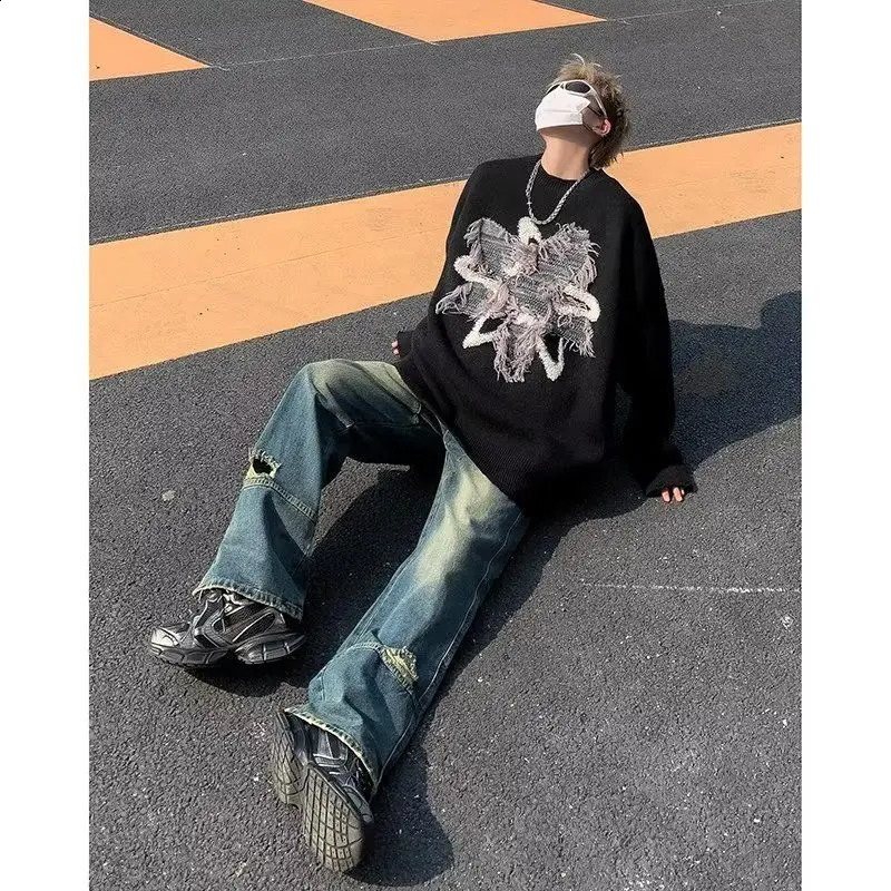 Thickened Sweater Men Purple Knitted Harajuku Sweater Autumn And Winter n Sense Top Long Sleeve Jumper Star Pattern 240821