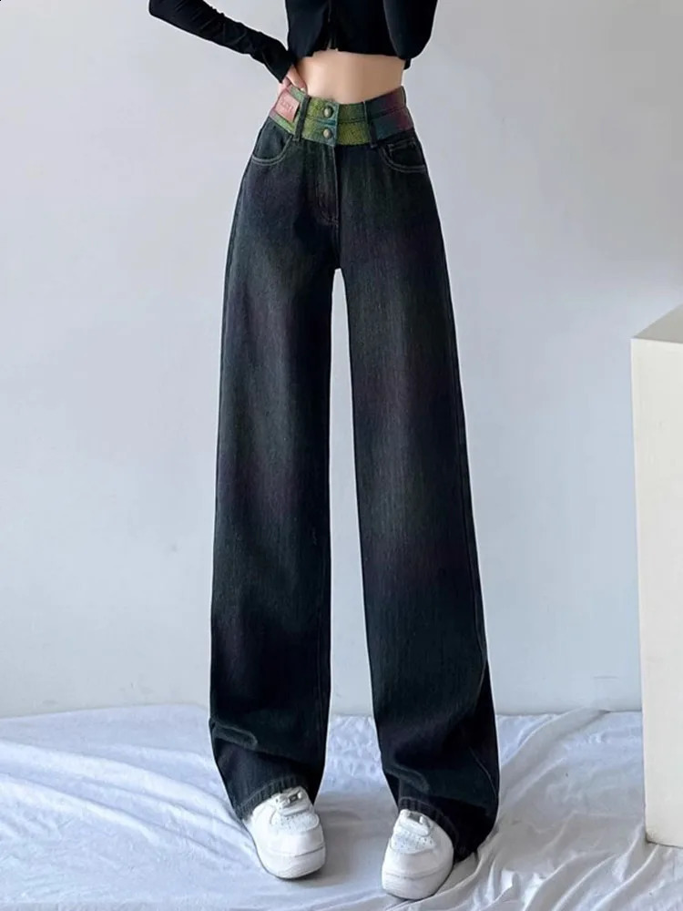 Chi Baggy High Waist Straight Jeans Women Streetwear Vintage Wide Leg Denim Pants Spring Fall Korean Casual Kot Pantolon 240821