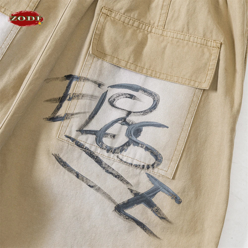 ZODF Fashion Spring Summer Mens 270gsm Cotton Cargo Pants Unisex Casual Wash Paint Graffiti Loose Knee Trousers HY0848 240821