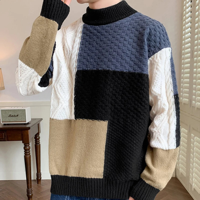 Vintage Patchwork Mens Sweater Pullovers Autumn Winter Fashionable Contrast Color Knitted Slim Jumpers Men Daily Casual Sweaters 240821