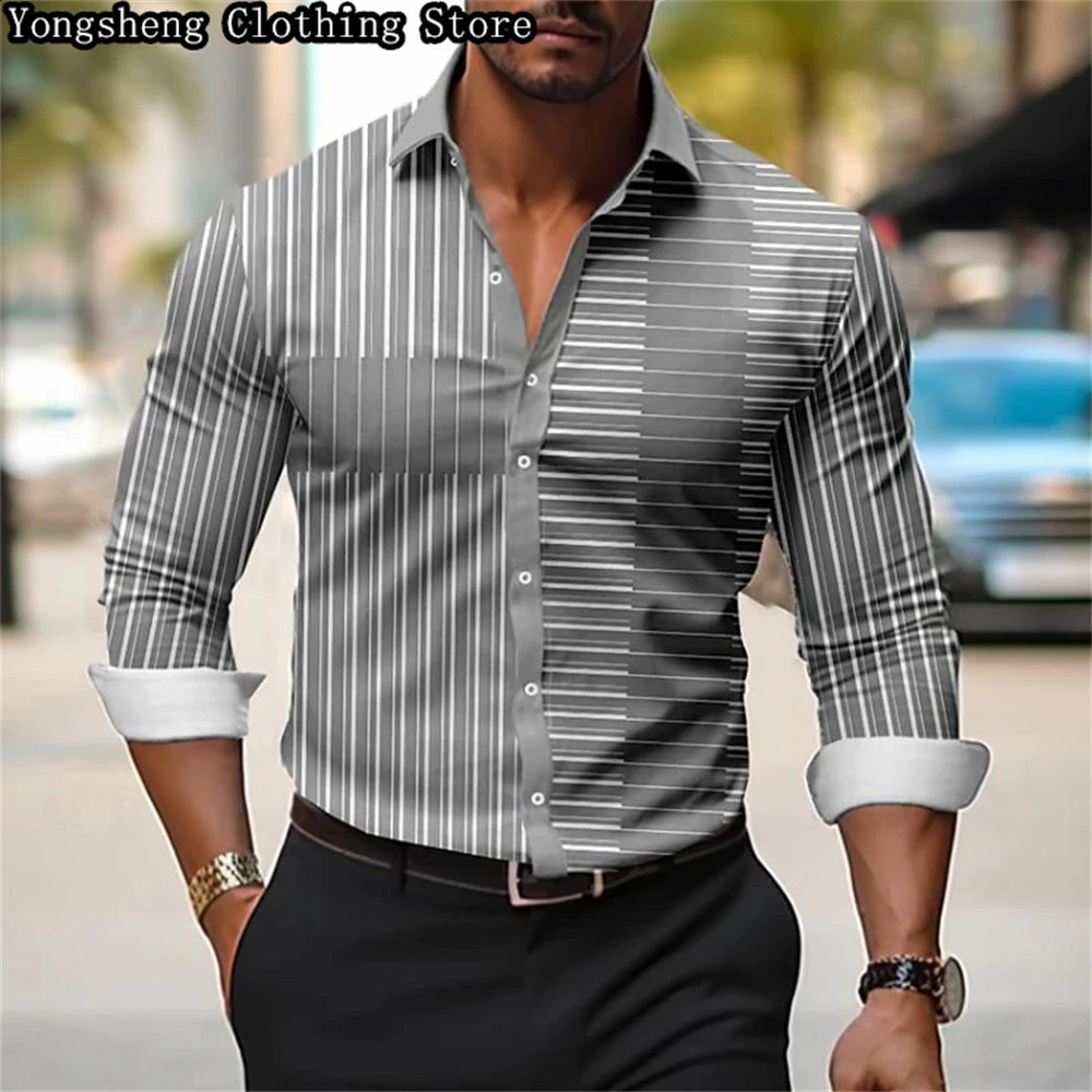 Mens long-sleeved ice silk printed shirt European -selling irregular striped splicing casual business clothing 240822