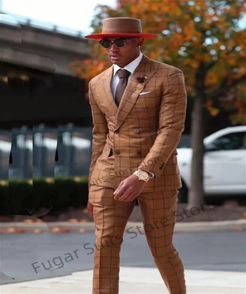 2 Pieces Double Breasted Brown Plaid Wedding Men Suits Slim Fit Lapel Groom Tuxedos Sets Classic Male Blazer Costume Homme 240821