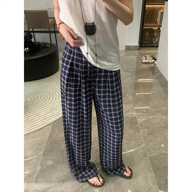 Plaid Blue Straight Long Pant Woman High Waist Buttons Pockets Loose Trousers Autumn Casual Harajuku Streetwear Baggy Pants Y2k 240821