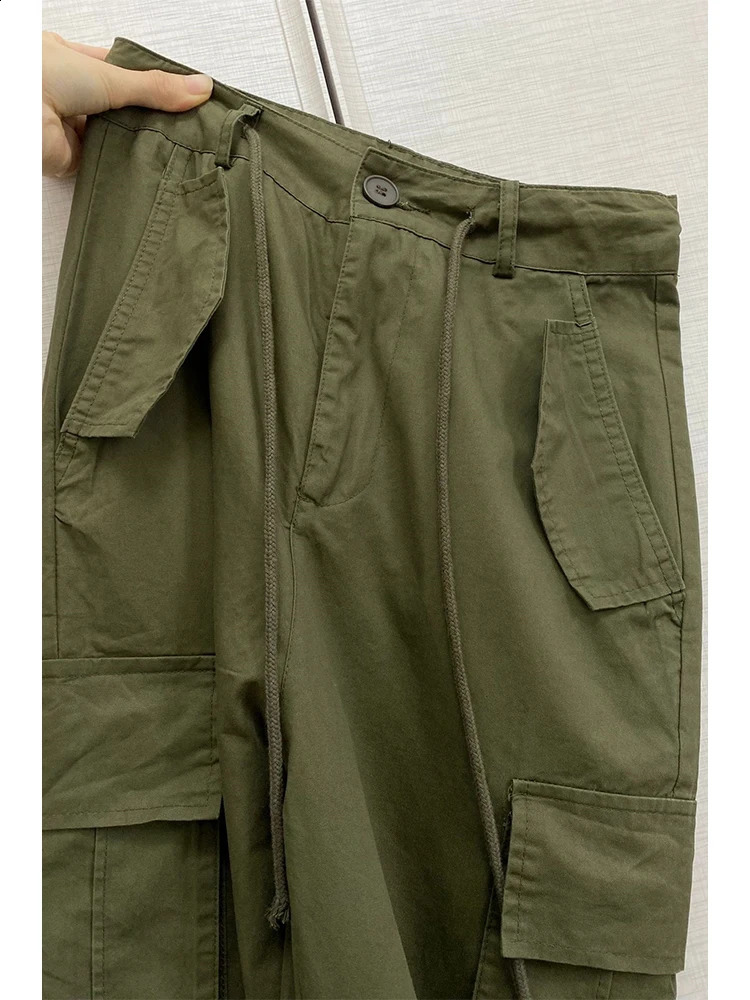 Womens green cargo pants bag casual Y2k street clothing jogging 90s retro Harajuku straight three person 240821