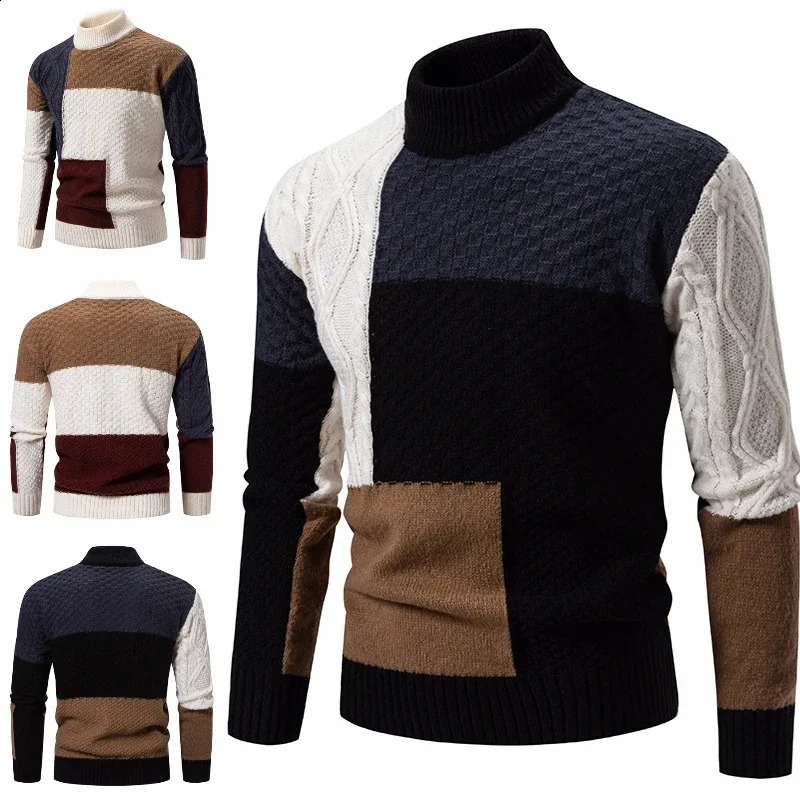 Mens Knitted Sweater Fashion Splicing Warm Half Collar Couple Christmas Pullover Plain 240821
