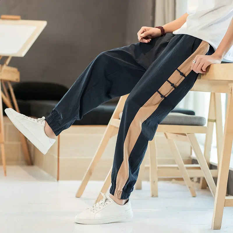 Koreon Summer Vintage Cotton Linen Sweatpants Streetwear Fashion Men Elastic Waist Pockets Slim Big Size Casual Trousers 240822