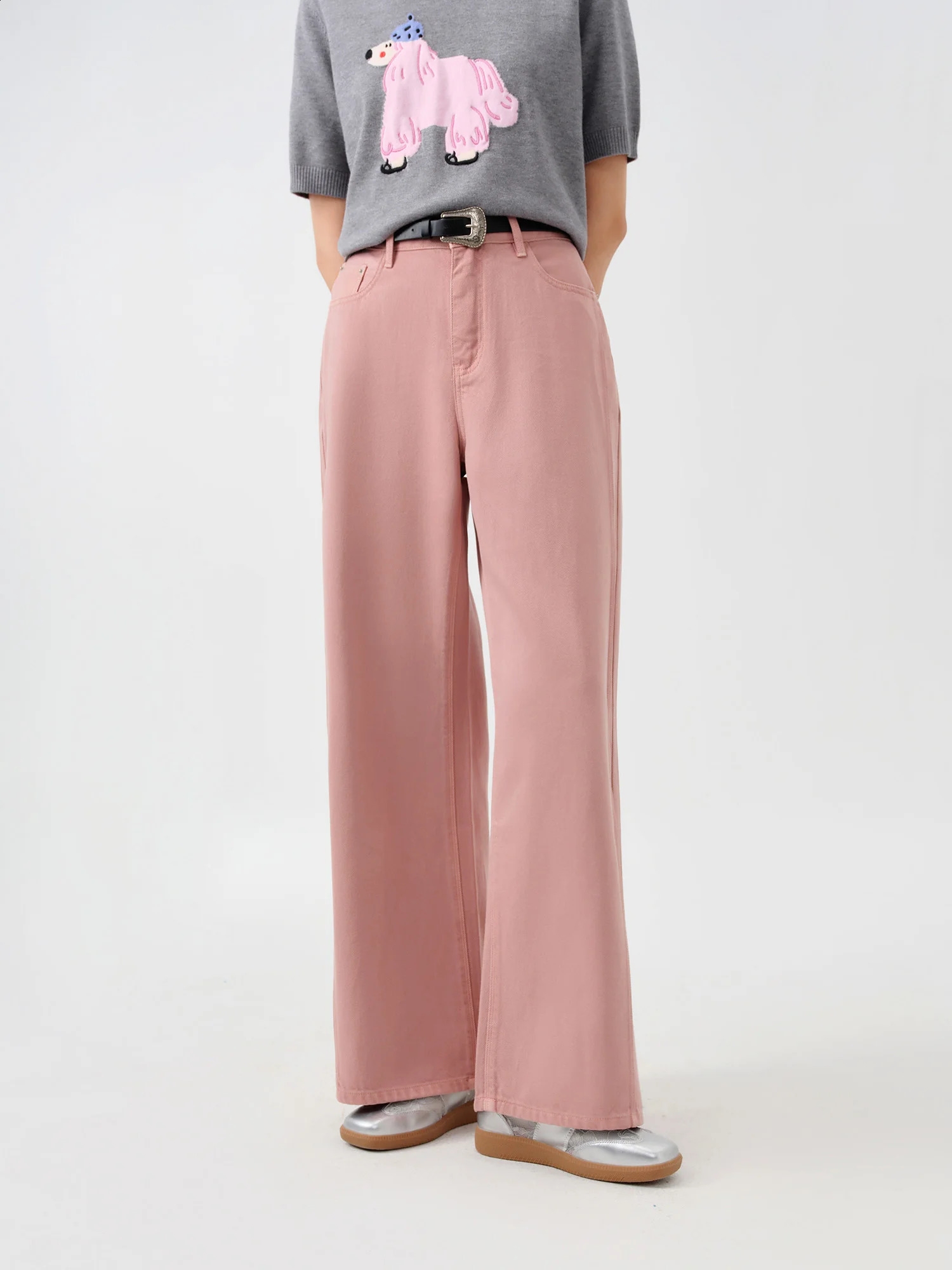 DUSHU Womens Jeans 3 Colors Autumn High Waist Straight Denim White Pants Pink 24DS83017 240821