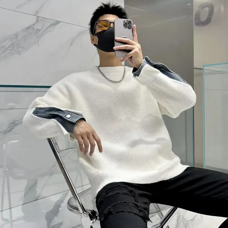 autumn and winter mens floral round neck patch work solid color loose fashion casual elegant commuting long sleeved sweater 240821
