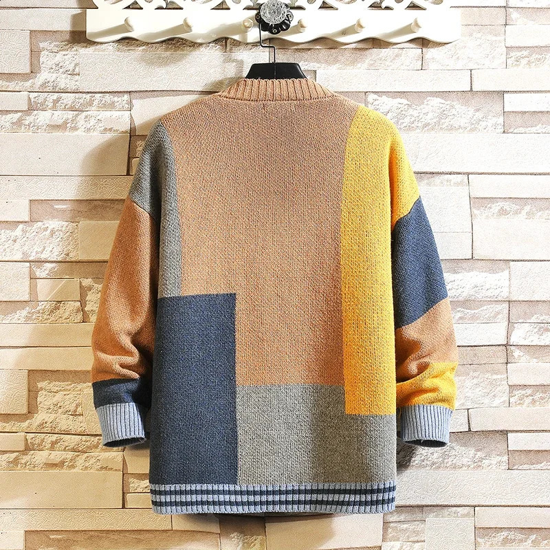 High quality retro knitted jacket with spliced colors mens casual sweater cardigan multicolor loose wool knit 240821