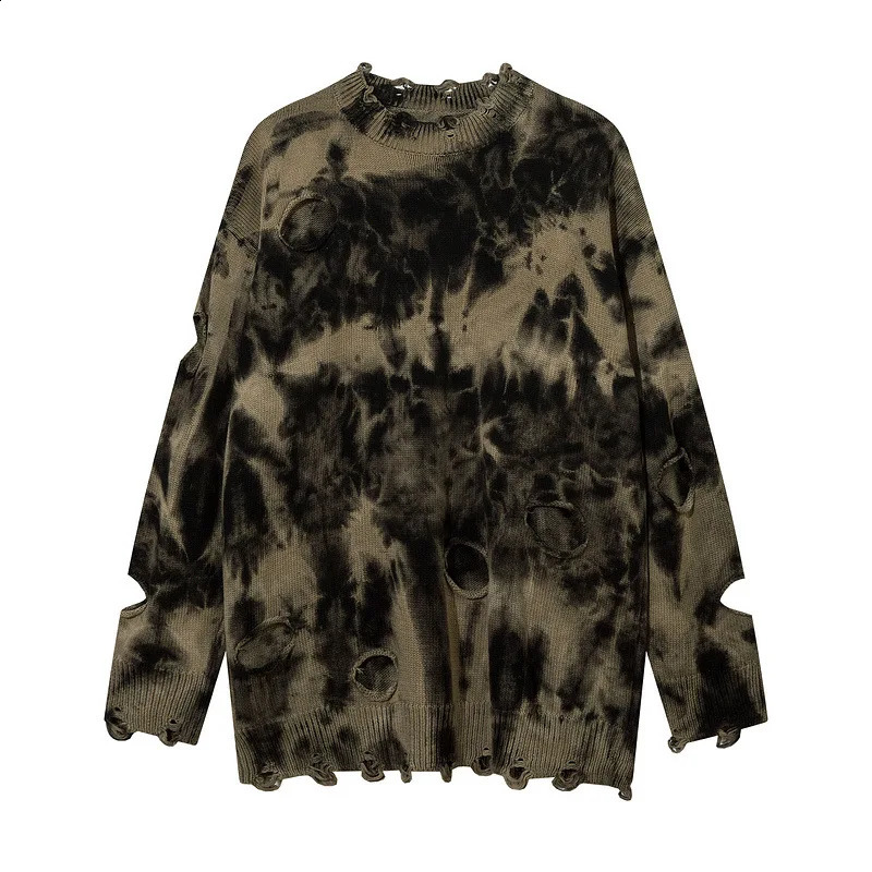 Autumn Fashion Tie-dye Vintage Ripped Hole Punk Sweater Men Women Harajuku Street Hip Hop Pink Knitwears Pull Homme 240821