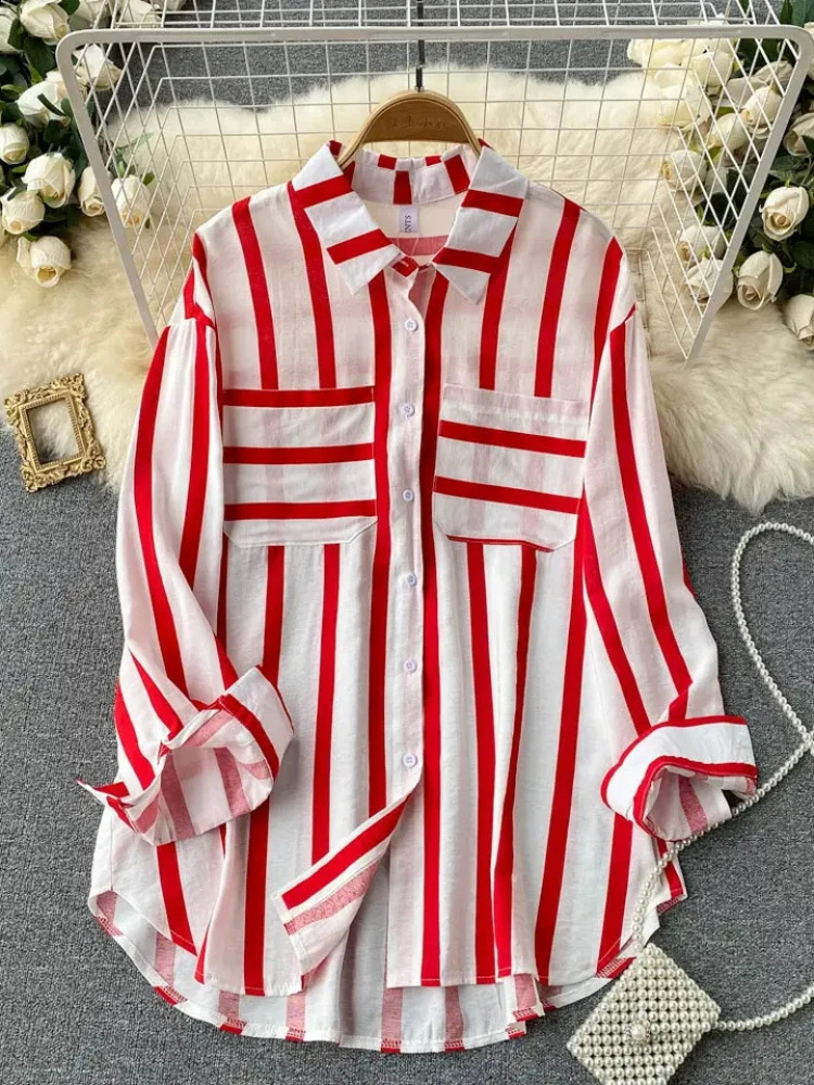 Fashion Woman Blouse 2023 Medium Length Vertical Stripe Shirt Jacket for Womens Korean Casual Loose Fitting Elegant Top 240821