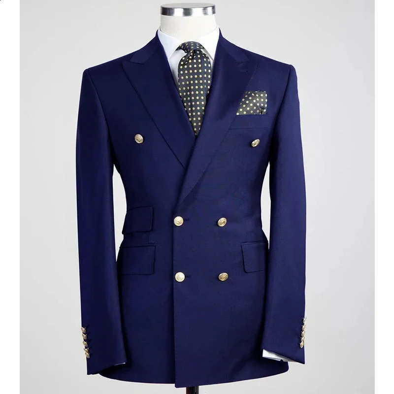 Double Breasted One Piece Navy Blue Jacket Men Suit Blazer Gold Buttons Slim Fit Business Formal Party Prom Wedding Coat 240821