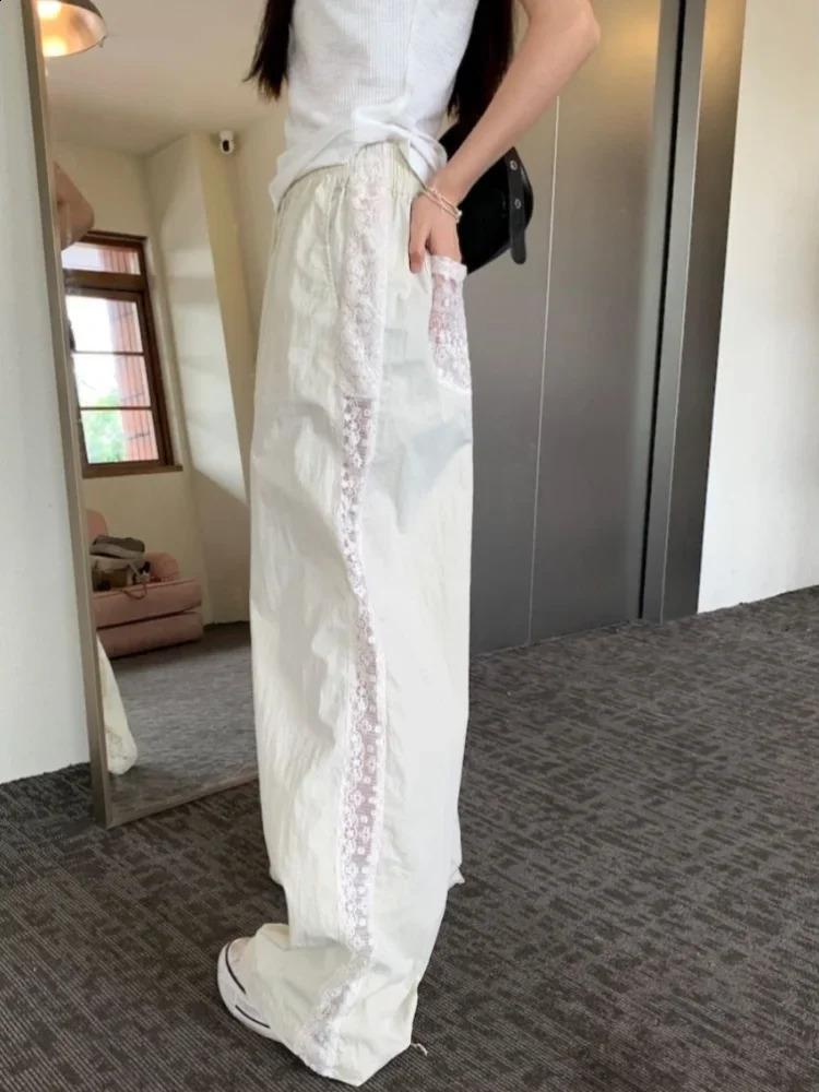 ADAgirl Beige Striped Wide Leg Pants for Women Lace Patchwork Straight Trouser Elastic Waist Summer Fashion Casual Bottoms Mujer 240821