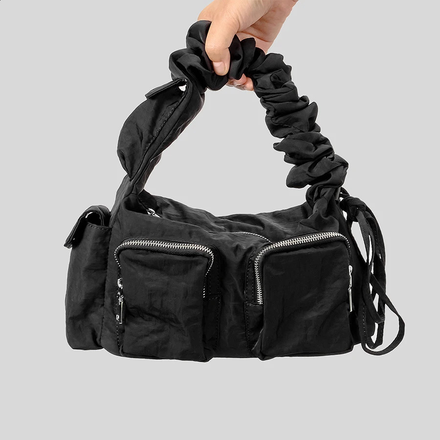 Casual Drawsting Strap Women Shoulder Bags Multiple Pockets Nylon Handbag Hobos Crossbody Bag Small Tote Shopper Purse 240821