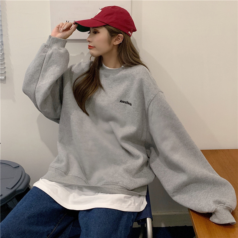 autumn and winter new college letter embroidery fake two-piece hoodie women's long sleeved pullover BF style loose top trend dongdumaoyi